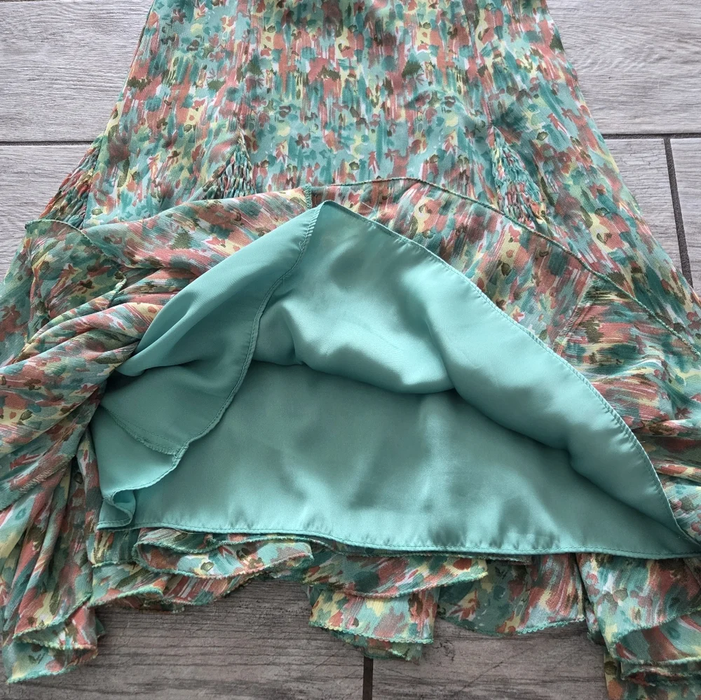 Watercolor Floral Smocked Asymmetrical Dress XS Green Boho Cottagecore Fairycore